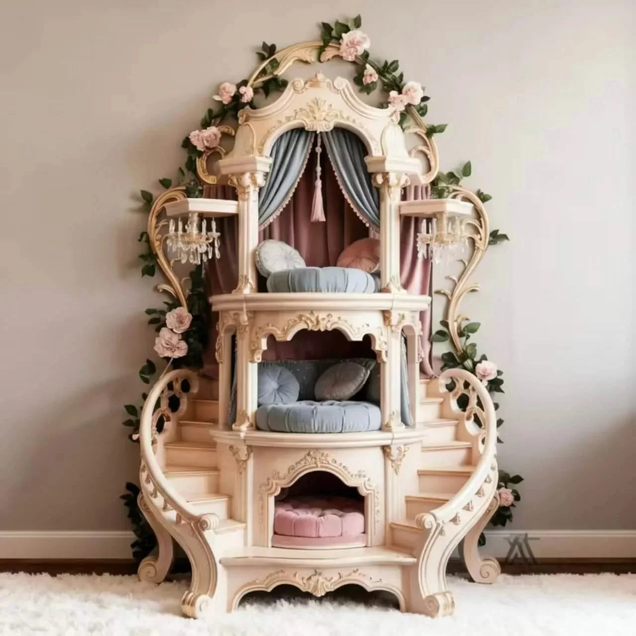 Cat Bed, Castle Shape, Wooden Structure,  Multi-Level Rest, Floral Trim, All-Season