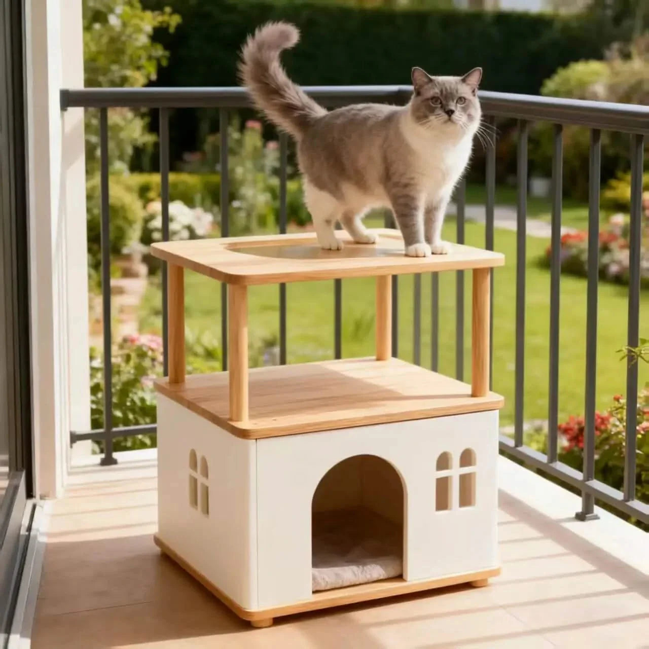Cat Bed, Cube Tower Shape, Wood Structure, White/Beige, Cave + Platform, All-Season