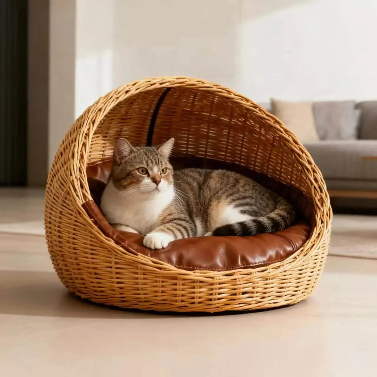 Cat Bed, Rattan Cave Design, Soft Cushion, Beige/Brown, Color Customizable, All-Season