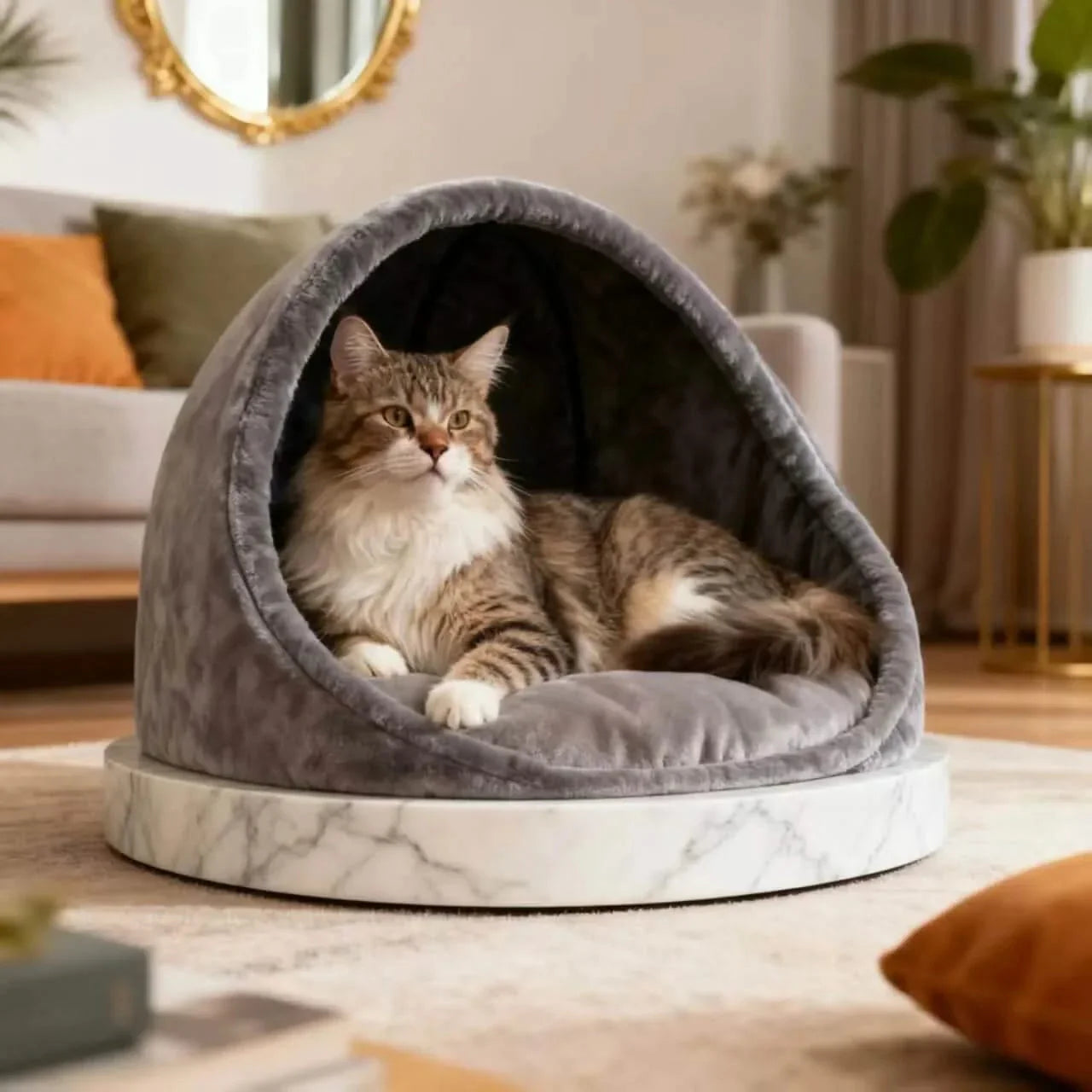 Cat Bed, Tent Cave Shape, Fluffy Material, Gray, Enclosed Rest Nook, All-Season