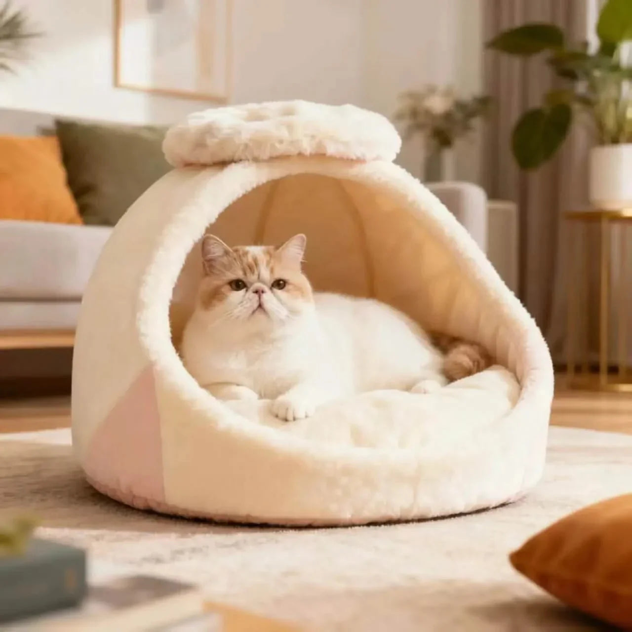 Cat Bed, Cave Shape, Soft Plush, Beige, Handmade Craft,  All-Season