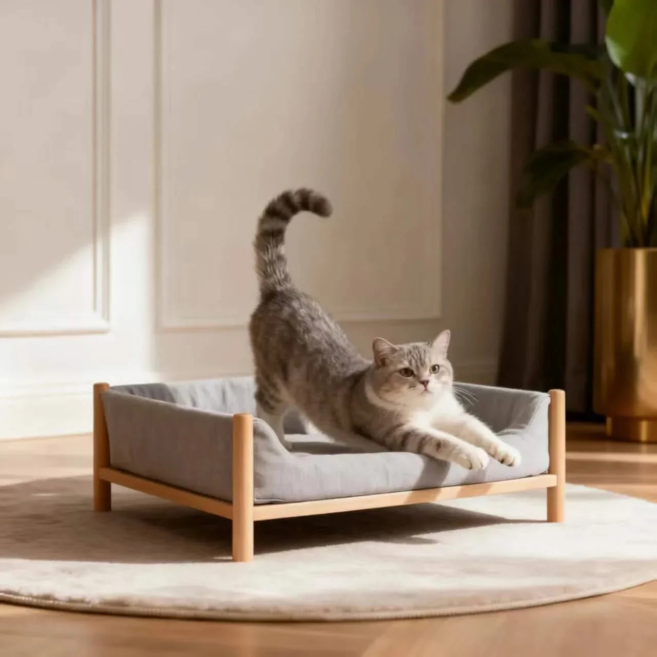 Modern Cat Bed, Wooden Platform Design, Wood Frame,  Raised Base, All-Season Comfort