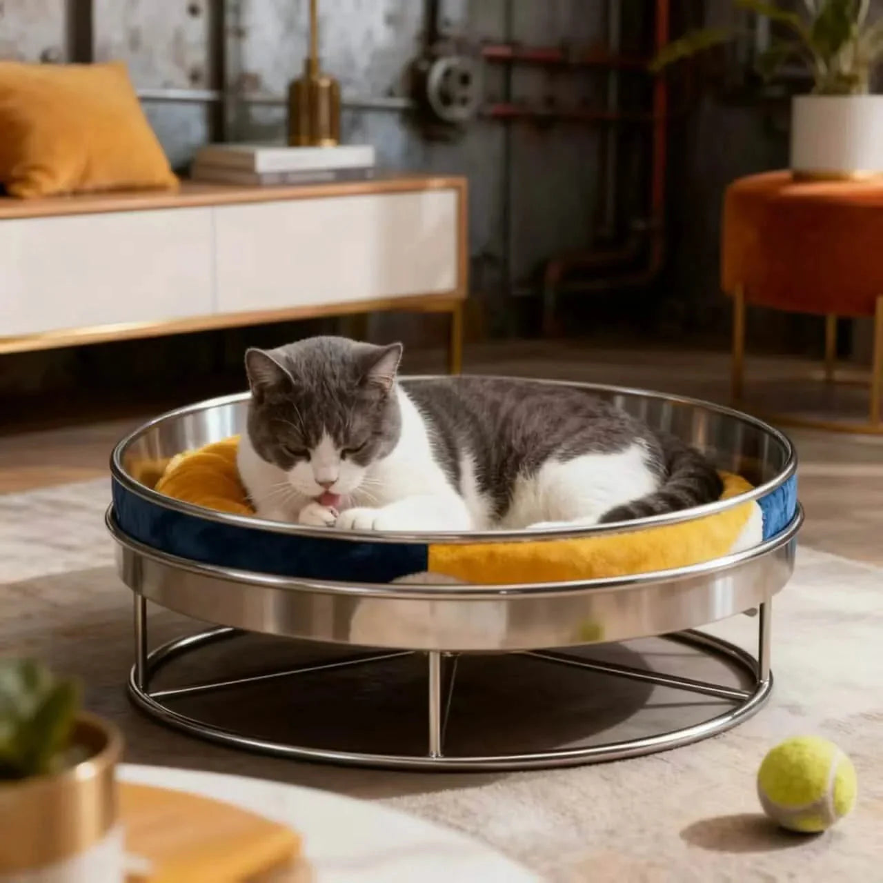 Stylish Cat Bed, Circular Metal Design, Soft Cushion, Blue/Yellow/White, Elevated Base, All-Season