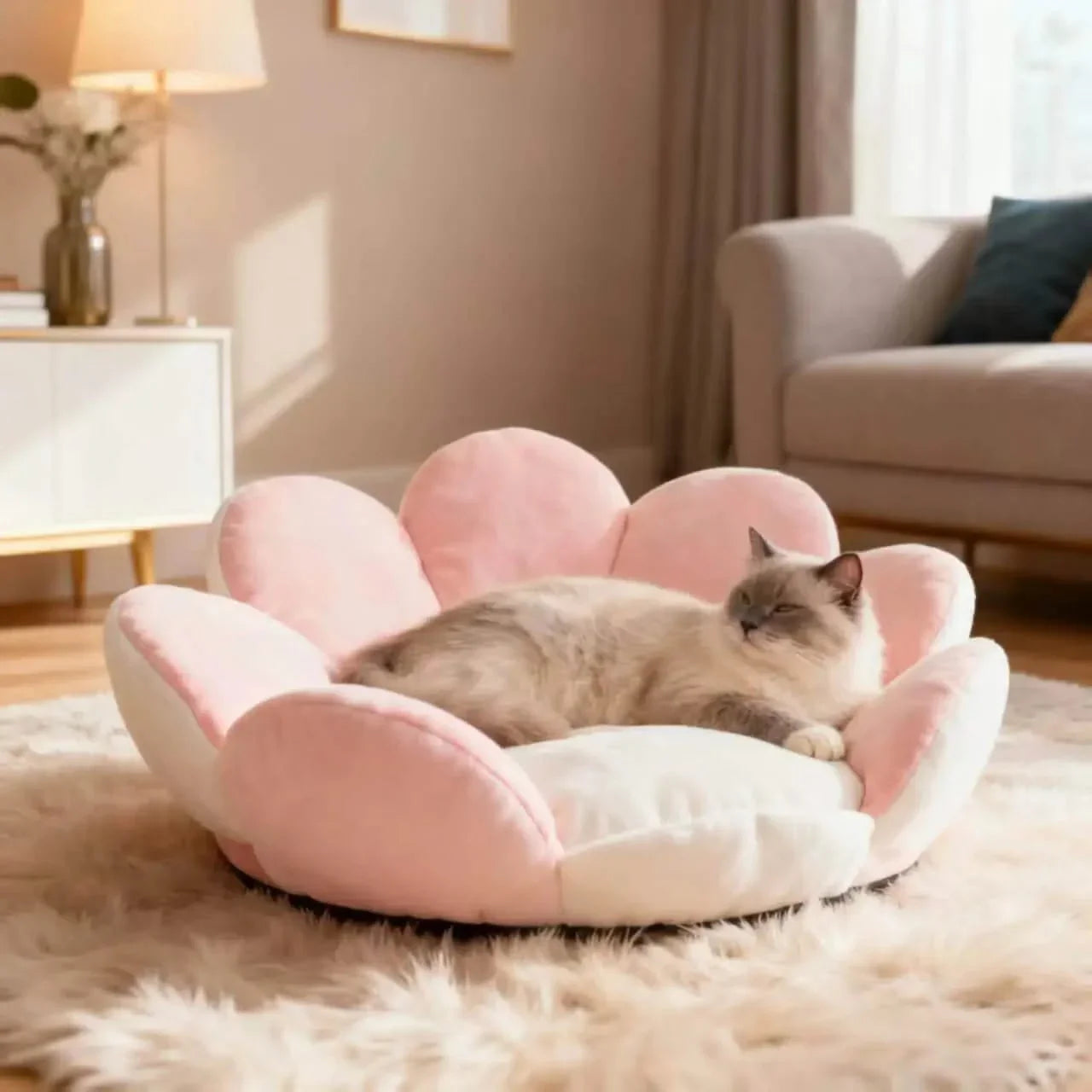 Cute Pet Bed for Cats, Flower Petal Shape, Plush Fabric, Cloud-Like Pad, All-Season
