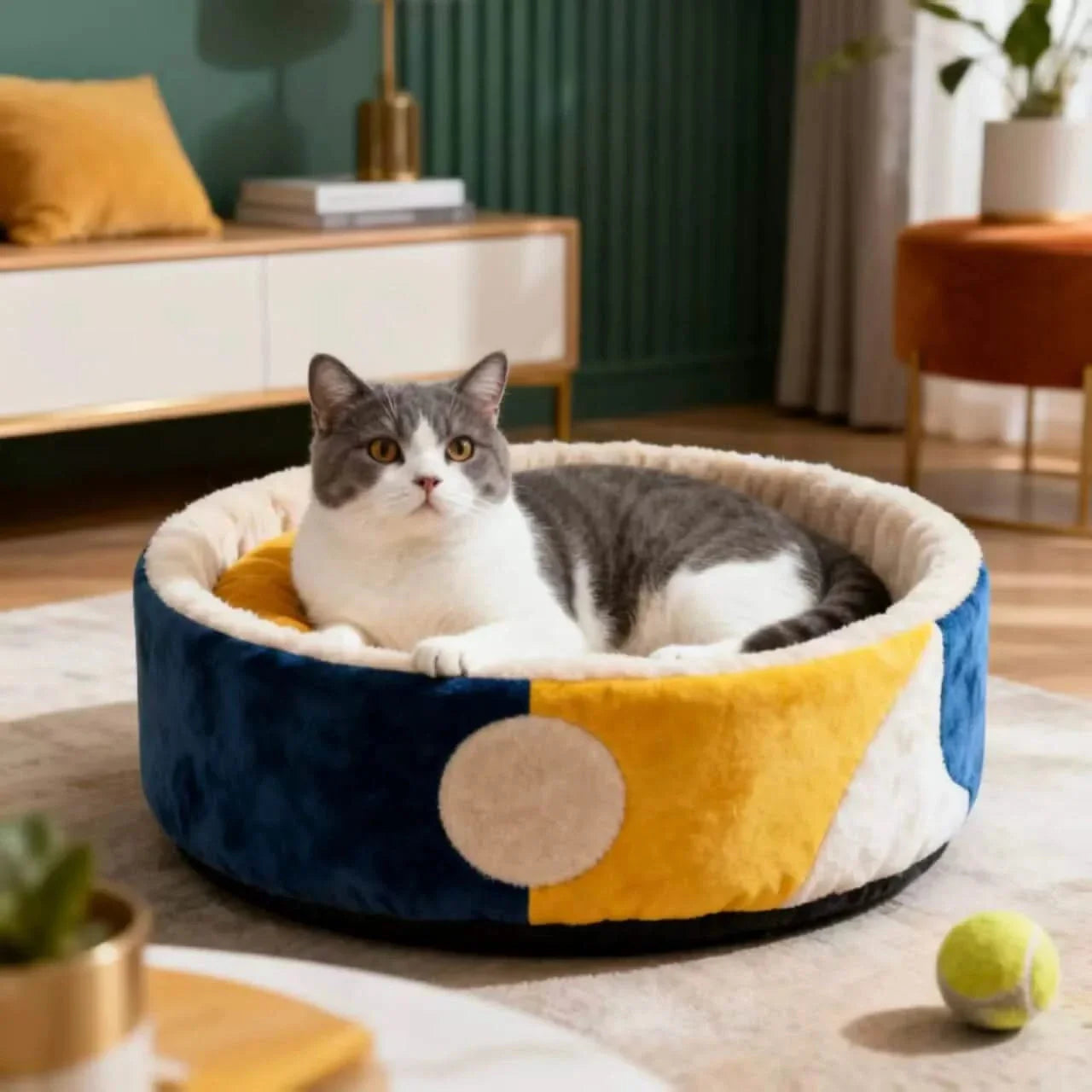  Customizable Pet Bed for Cats, Round Bowl Shape, Plush Fabric, Color Block, All-Season