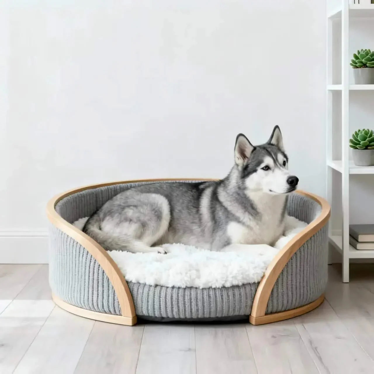 Dog Bed, Curved Tub Shape, Woven Material, Gray/White, Wooden Trim, All-Season