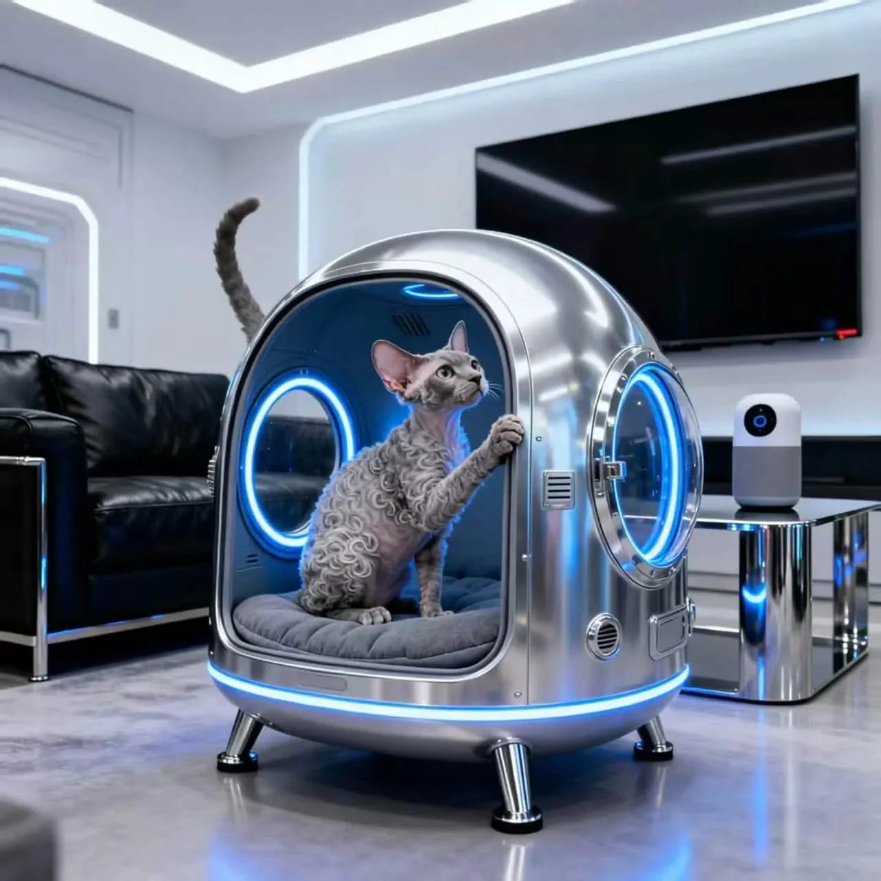 Sci-Fi Cat Bed, Spaceship Capsule Design, Transparent Acrylic,  Futuristic Light, All-Season
