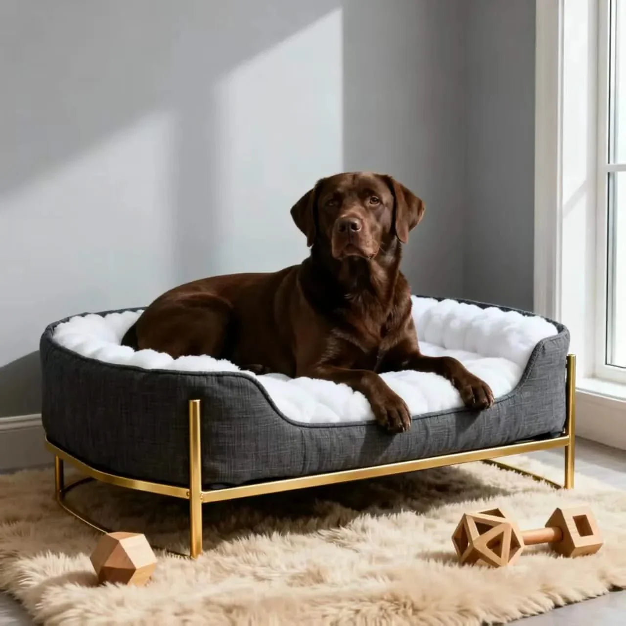 High-End Dog Bed, Modern Platform Design, Gold Metal,  Customizable Size, All-Season