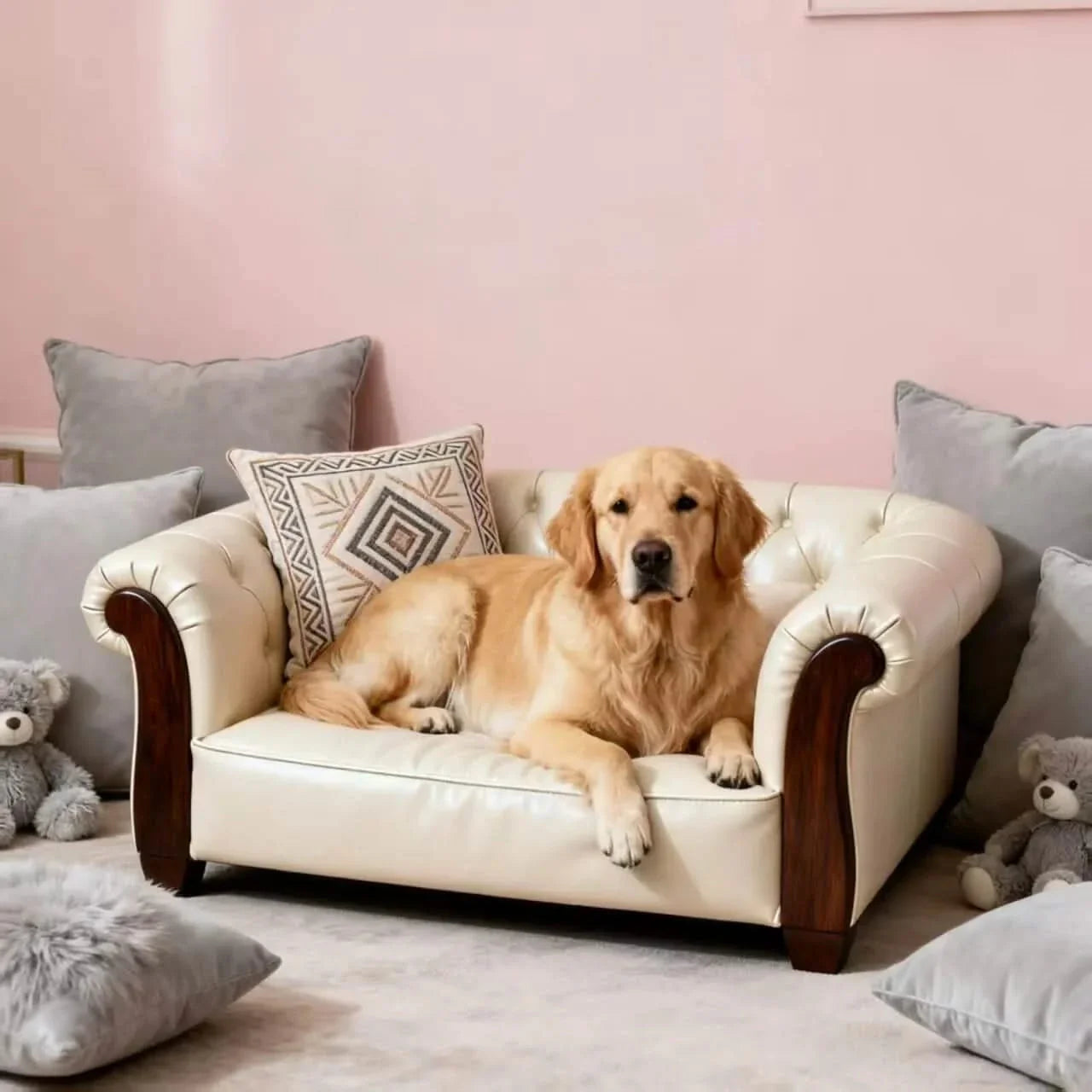 Dog Sofa, Armchair Couch Shape, Fabric Upholstery, White/Brown, Pillow Top, All-Season