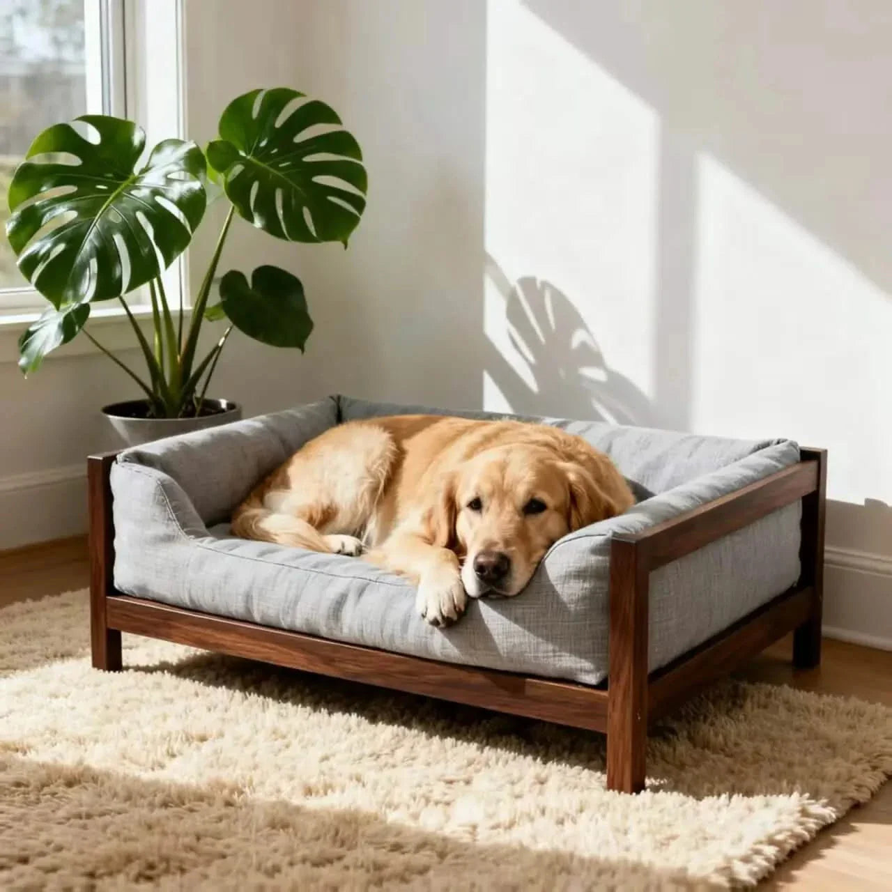 Minimalist Dog Sofa, Platform Couch Design, Wooden Frame, Gray, Spacious Seat