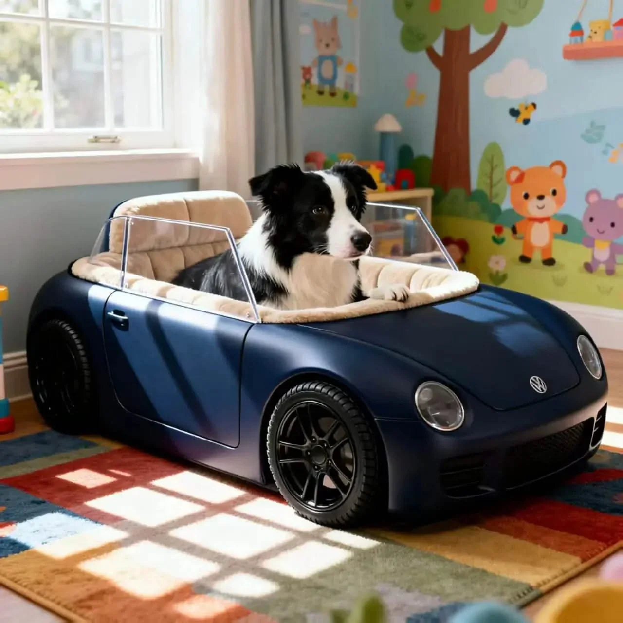  Luxury Pet Bed for Dogs, Convertible Car Shape, Navy/Beige, Plush Seats, All-Season