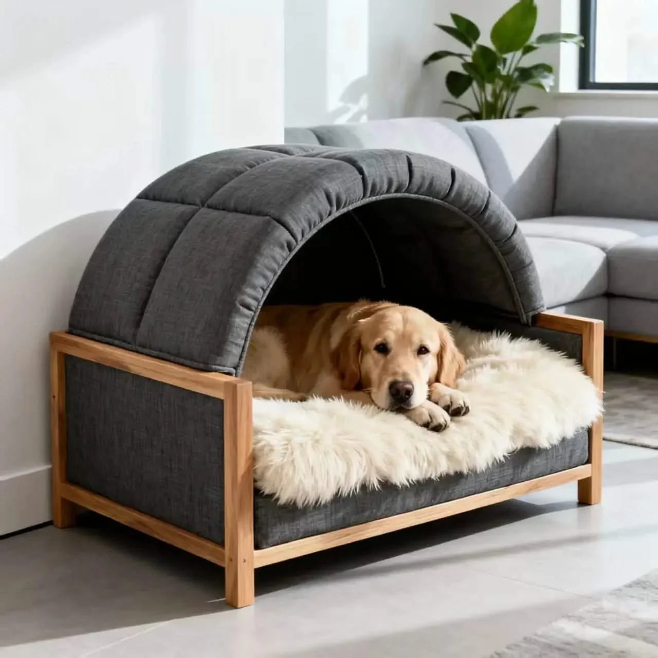 Dog Bed, Dome Cave Shape, Fabric Canopy, Gray/White, Elevated Base, All-Season