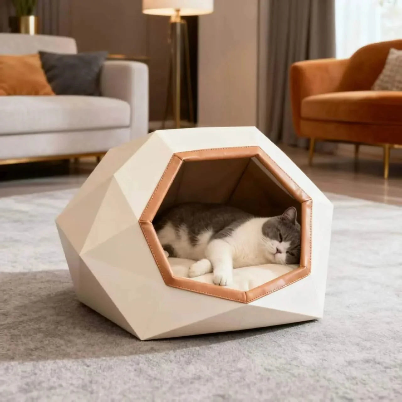 Cat Bed, Hexagon Cave Shape, Wood Composite, White/Pink, Angular Frame, All-Season