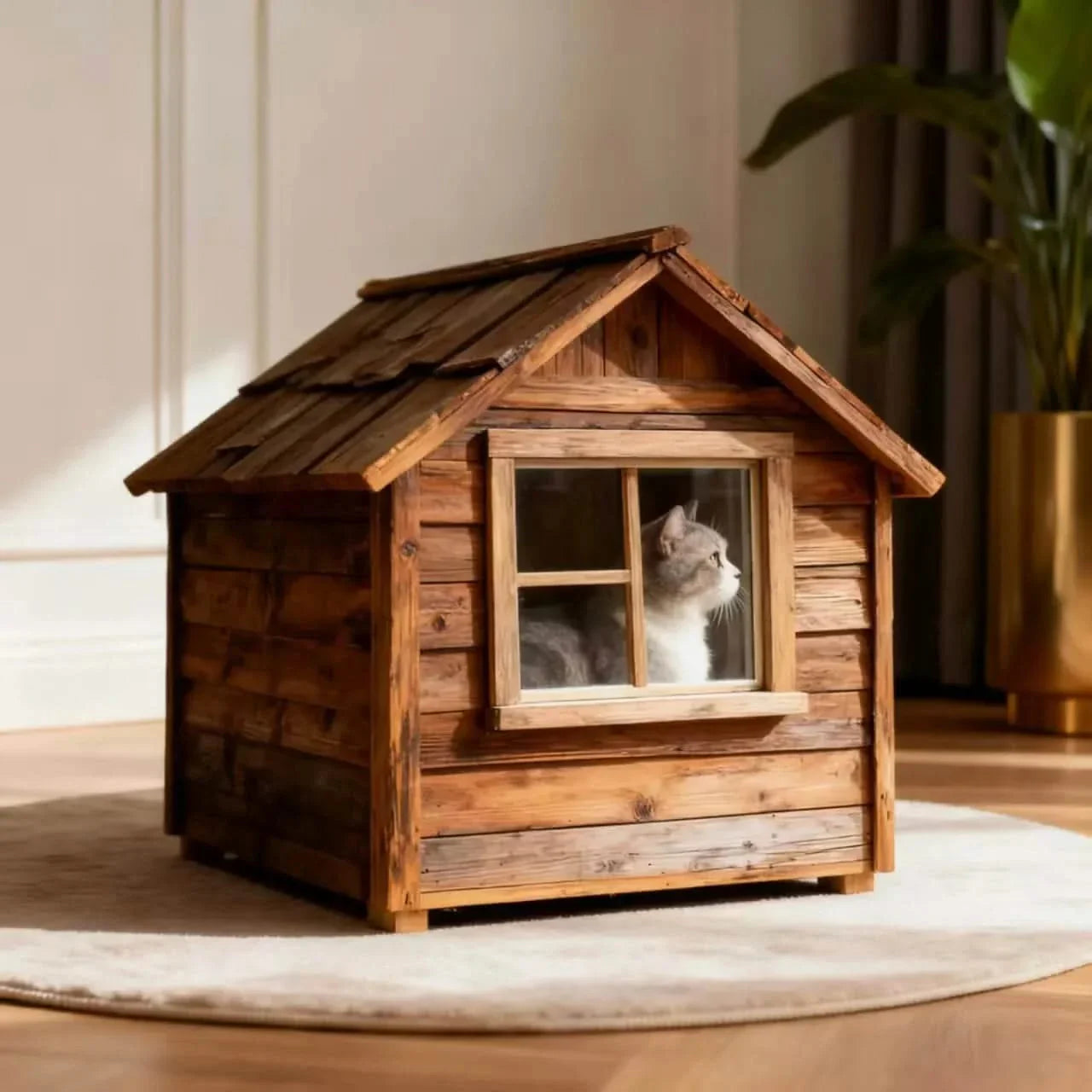 Cat Bed, Wooden House Shape, Natural Wood, Brown, Custom-Made, All-Season Comfort