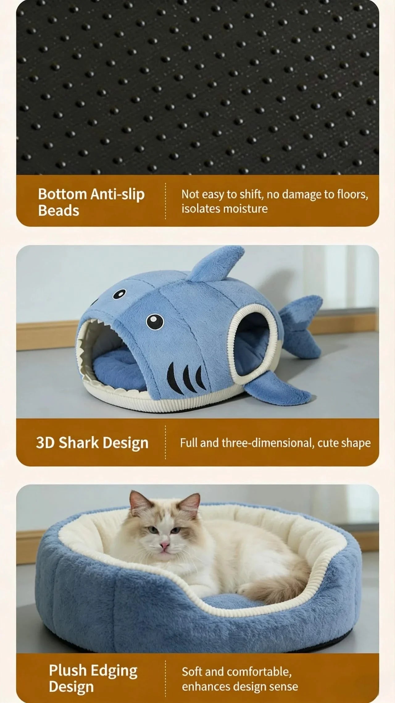  Cat Bed, Shark Shape, Fluffy Plush, Blue/White, Open Mouth Entrance, All-Season