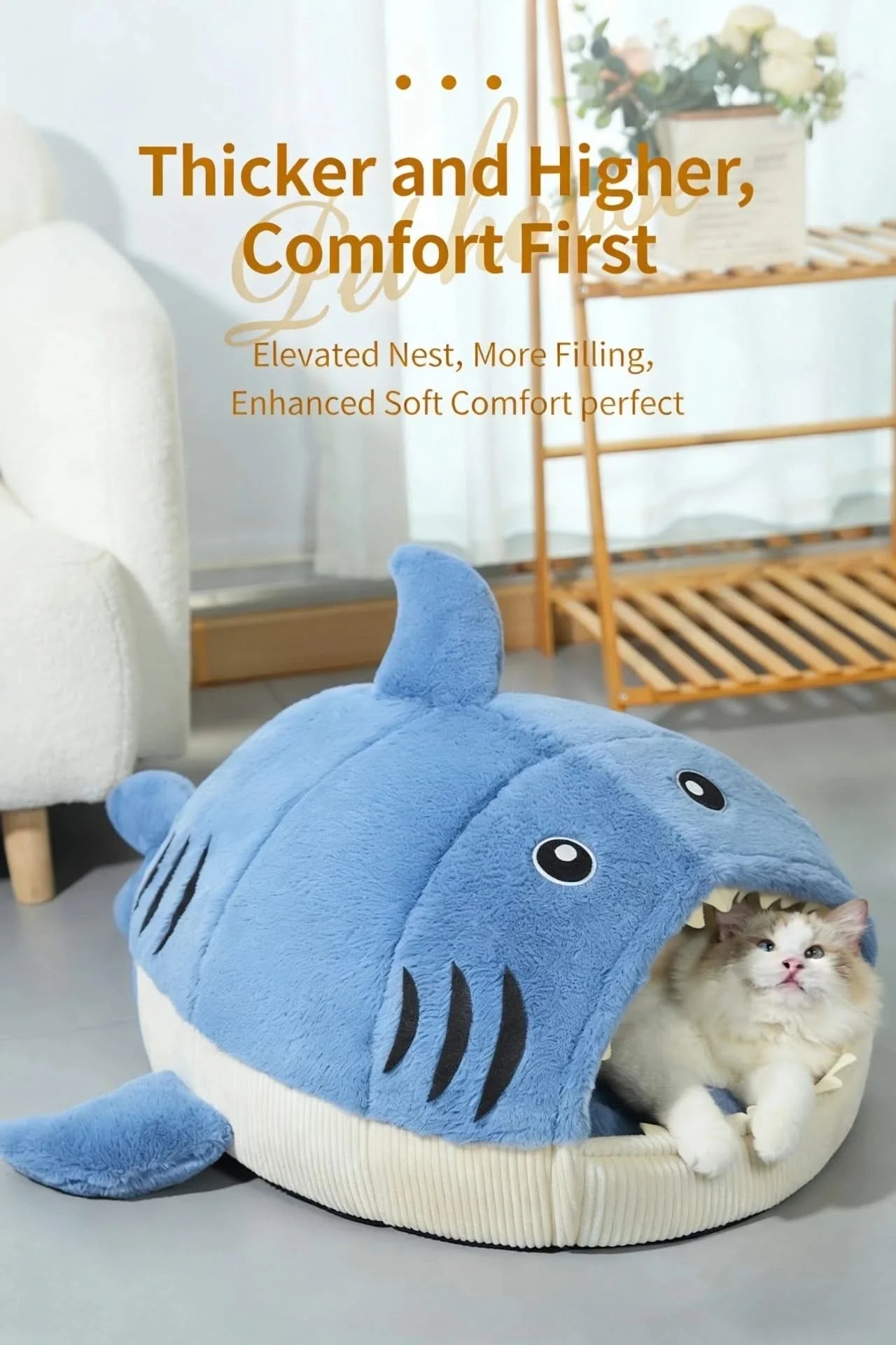  Cat Bed, Shark Shape, Fluffy Plush, Blue/White, Open Mouth Entrance, All-Season