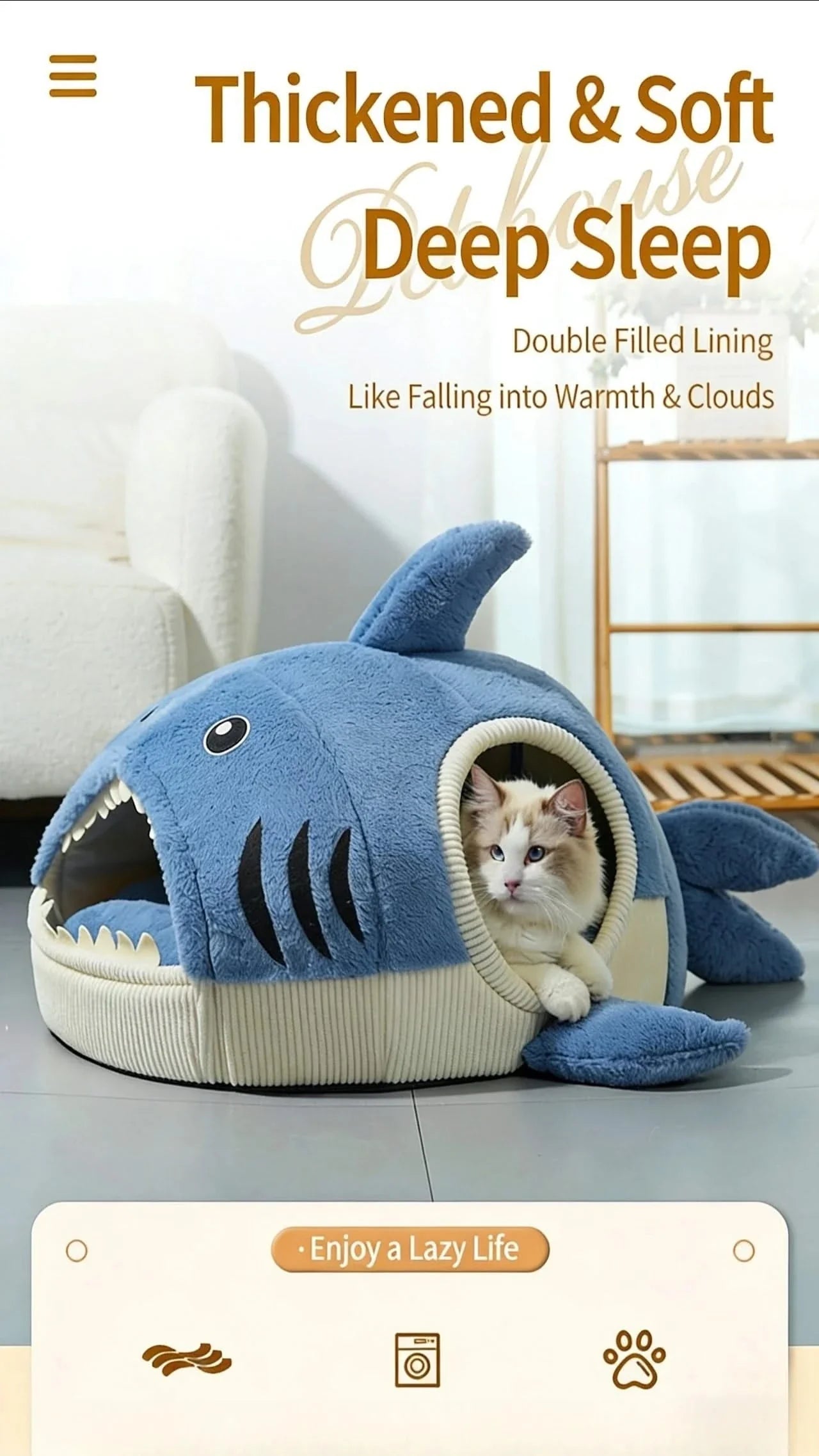  Cat Bed, Shark Shape, Fluffy Plush, Blue/White, Open Mouth Entrance, All-Season