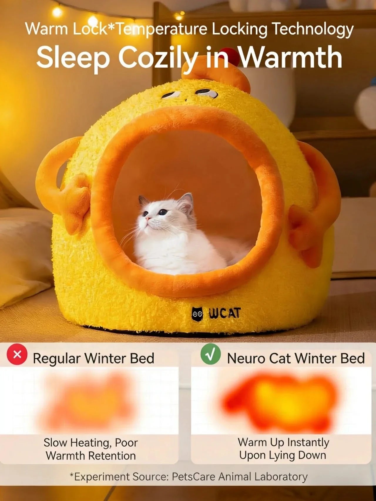 Lazy Cat Bed, Drowsy Eye Accent, Plush Fabric, Orange, Cozy Cave Nest, All-Season