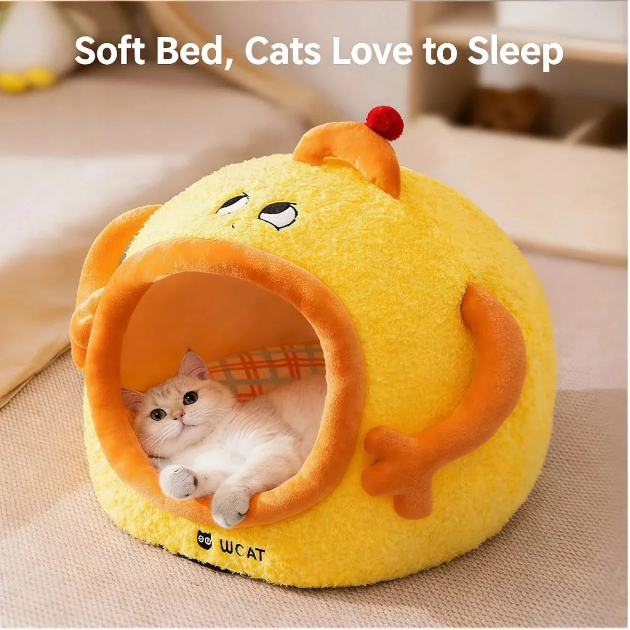 Lazy Cat Bed, Drowsy Eye Accent, Plush Fabric, Orange, Cozy Cave Nest, All-Season