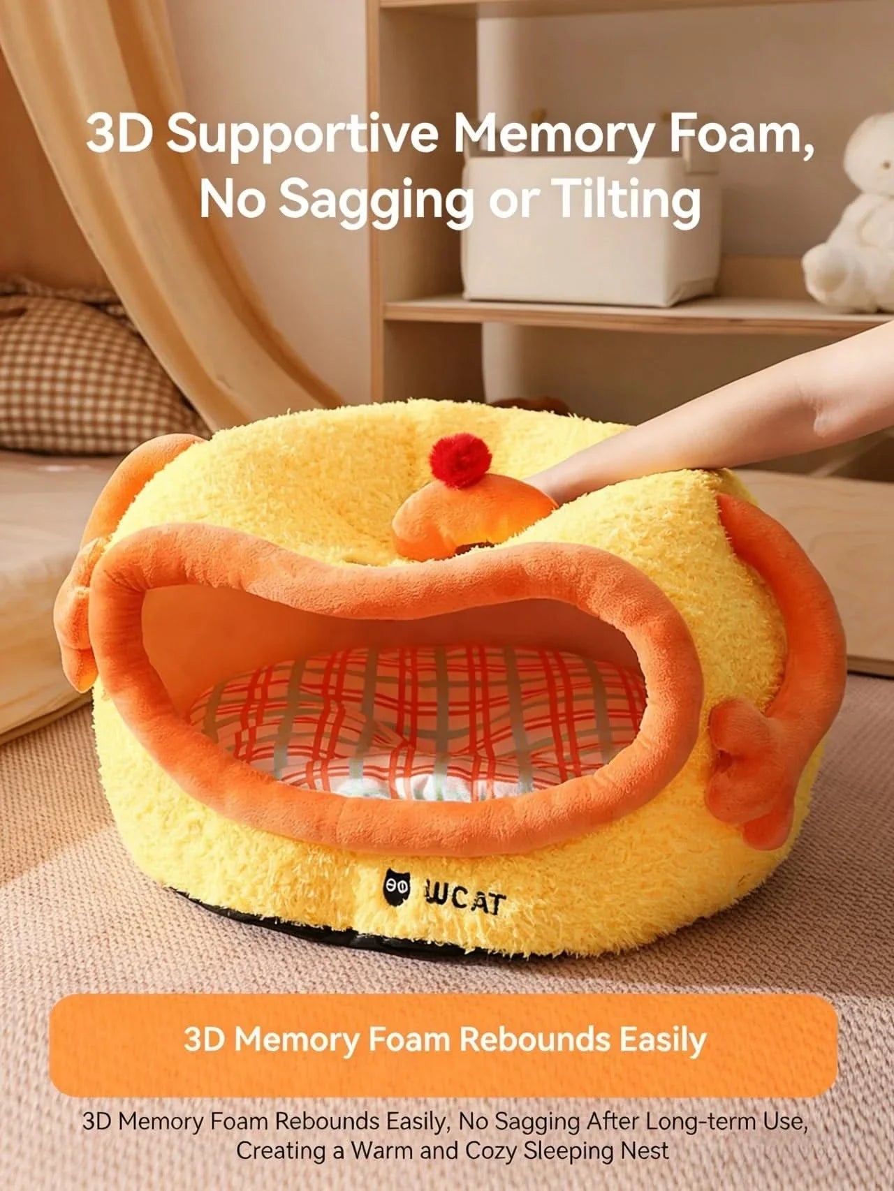 Lazy Cat Bed, Drowsy Eye Accent, Plush Fabric, Orange, Cozy Cave Nest, All-Season