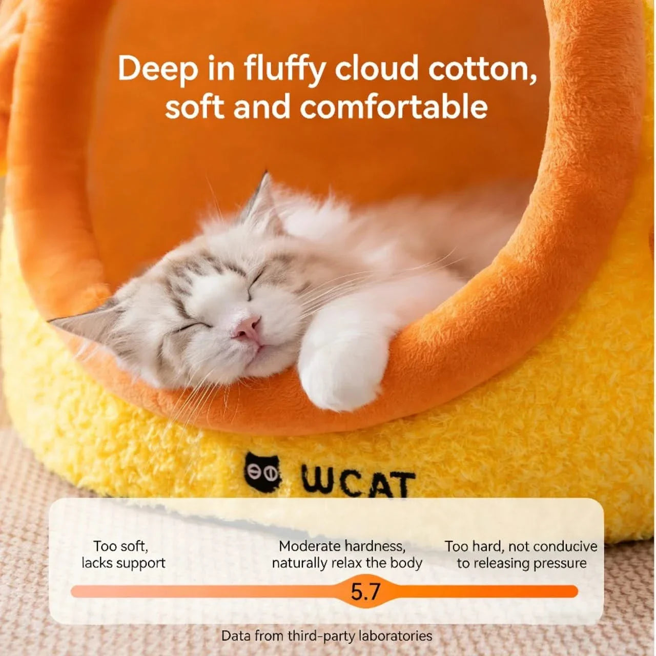 Lazy Cat Bed, Drowsy Eye Accent, Plush Fabric, Orange, Cozy Cave Nest, All-Season