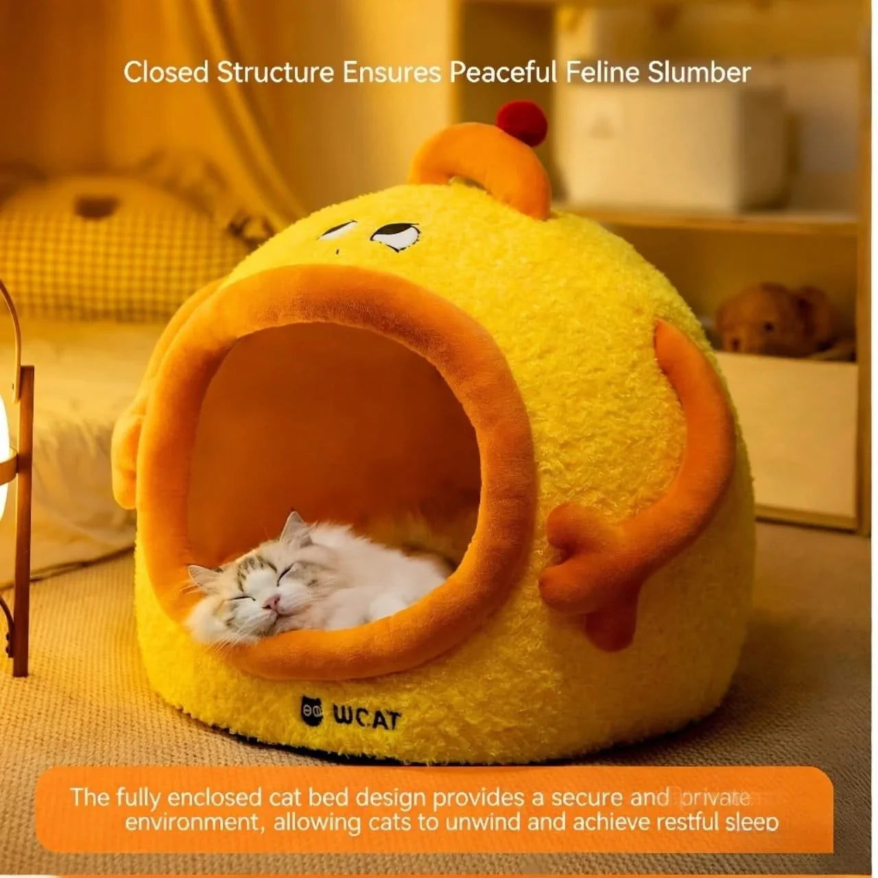 Lazy Cat Bed, Drowsy Eye Accent, Plush Fabric, Orange, Cozy Cave Nest, All-Season