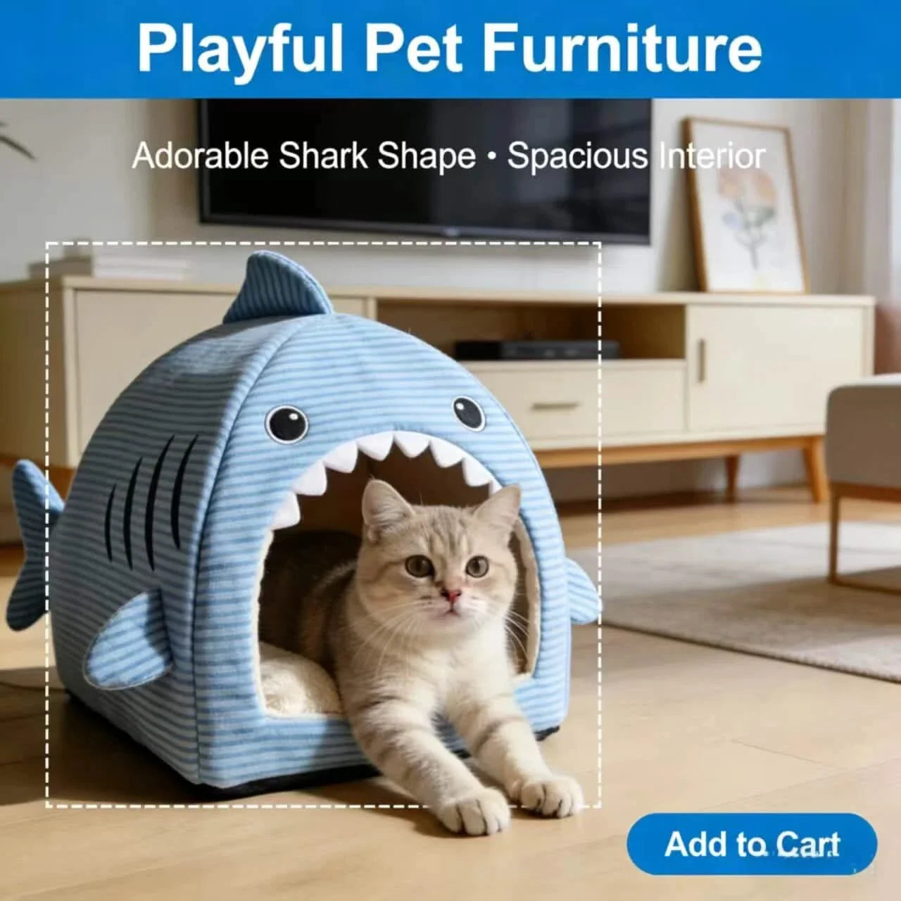 Adorable Cat Bed, Shark Shape, Spacious Interior, Blue Striped Fabric, All-Season