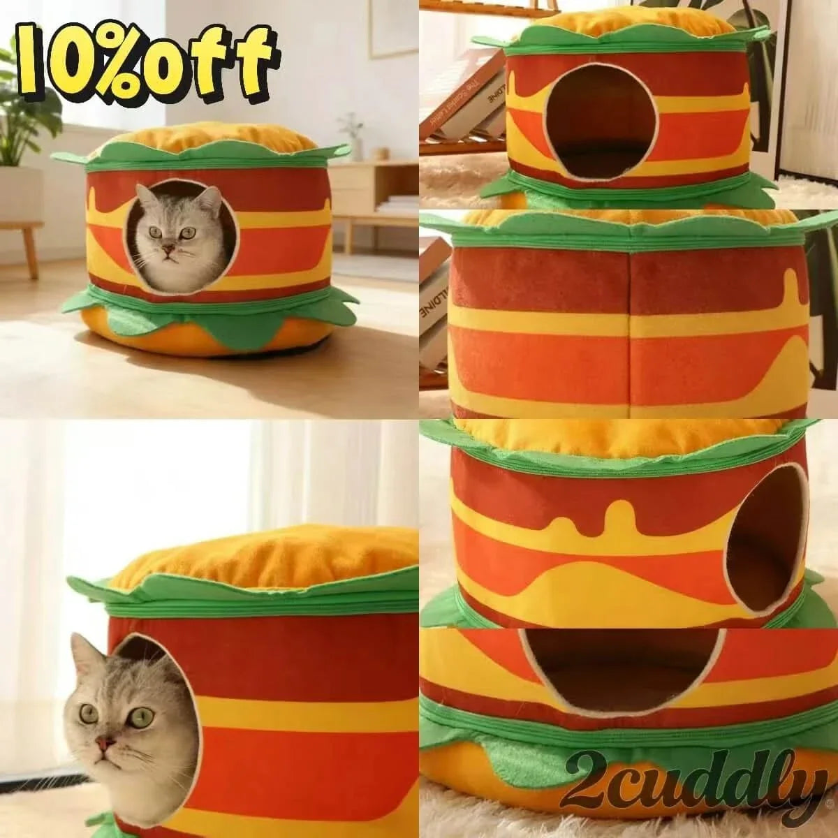  Fun Pet Bed for Cats, Burger Shape, Soft Fabric,  Food Themed, All-Season