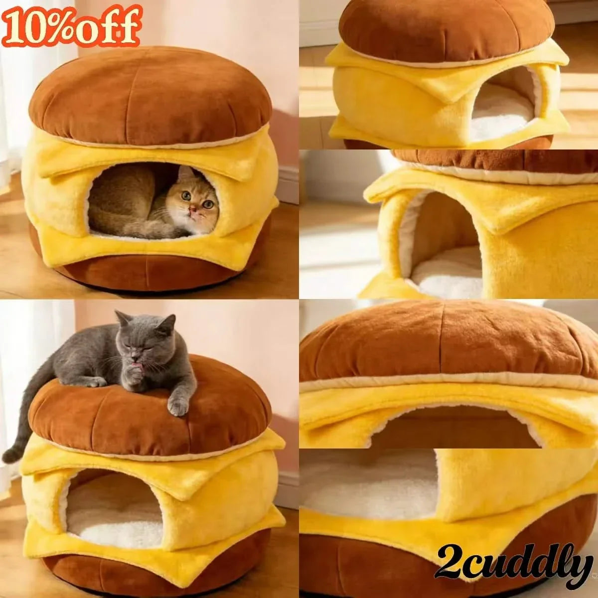 Cozy Cat Bed, Burger with Cheese Design, Soft Plush, Brown/Yellow, Cheesy Nook, All-Season