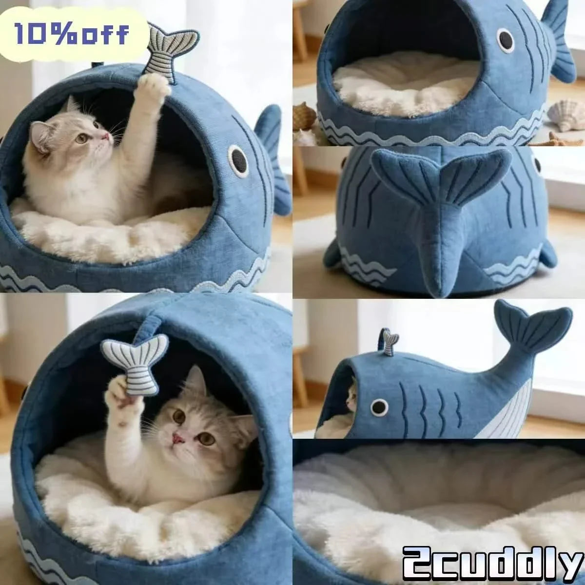 Playful Cat Bed, Whale Cave Design, Canvas Exterior, Entertainment Set, Blue