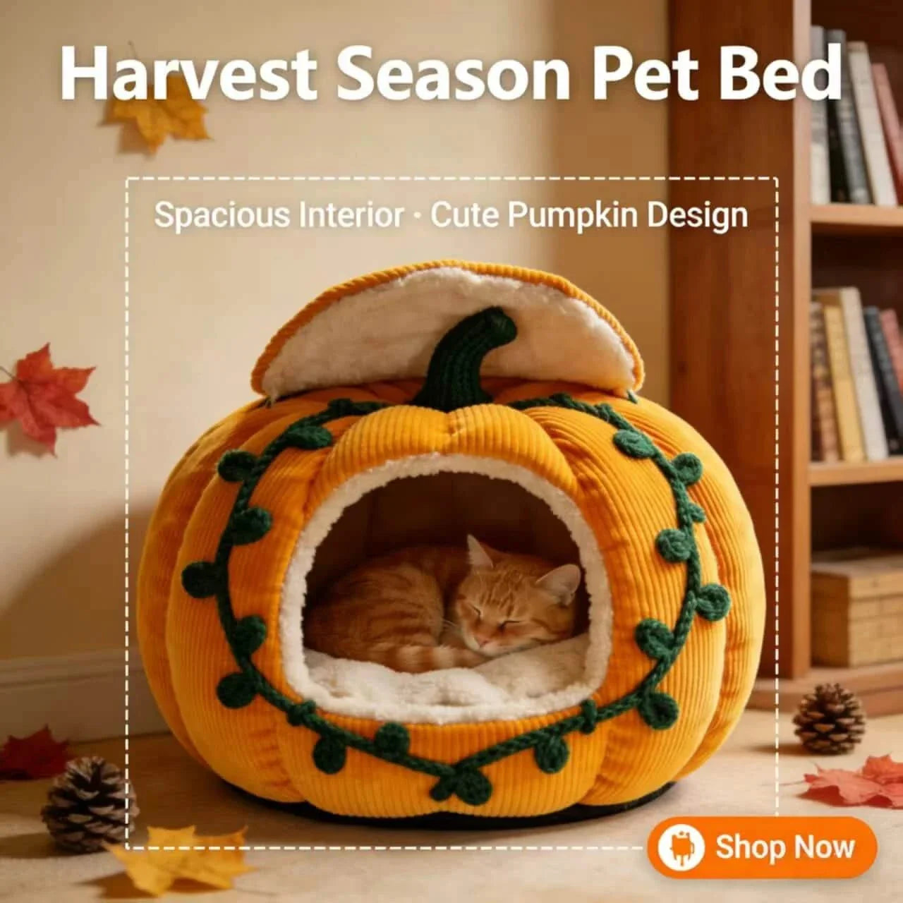  Fall-Themed Cat Bed, Pumpkin Cave Design, Soft Plush, Yellow, Harvest Season Decor, Cozy Nest
