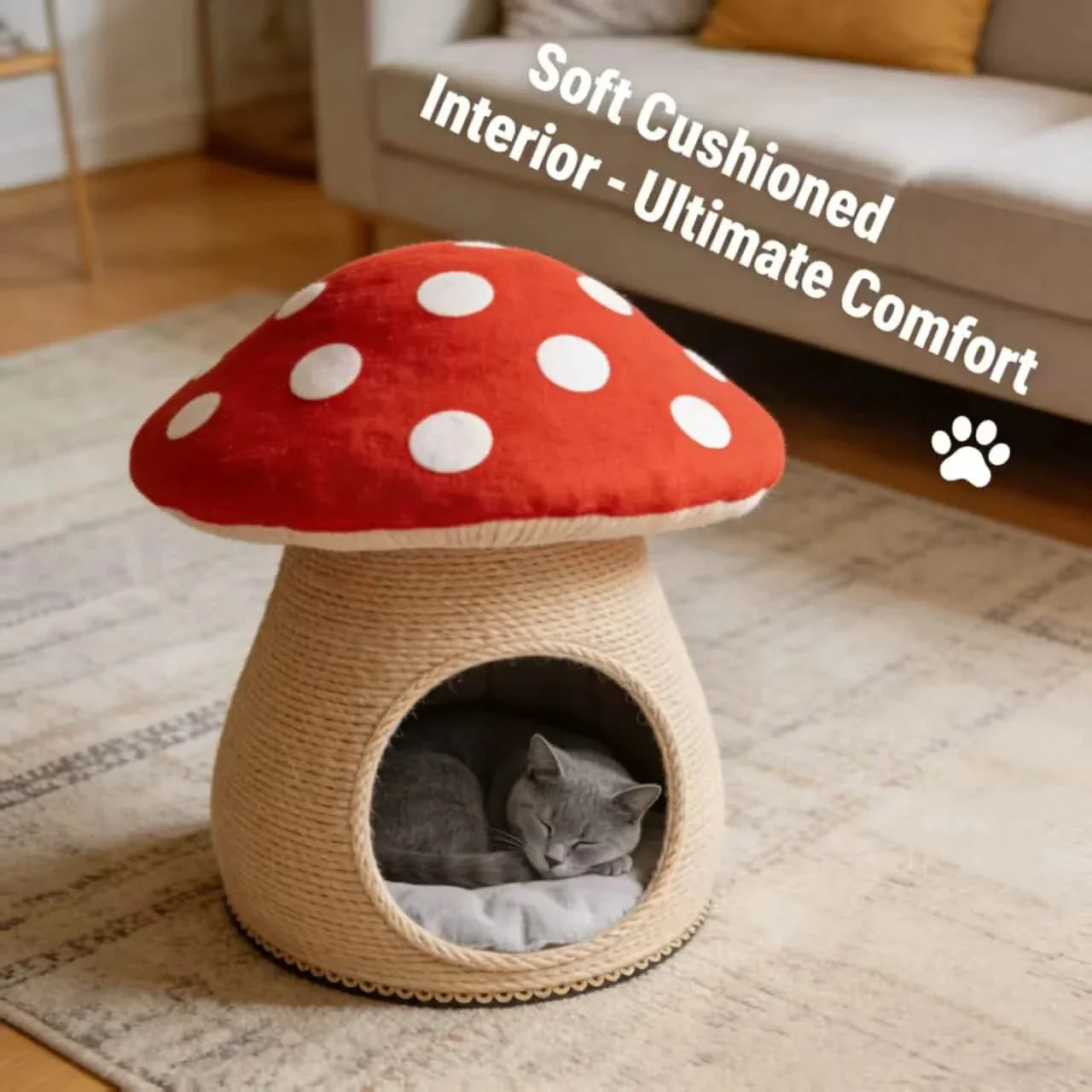  Cozy Cat Bed, Mushroom Cave Design, Soft Cushion, Red/White, Forest Theme Nest, All-Season