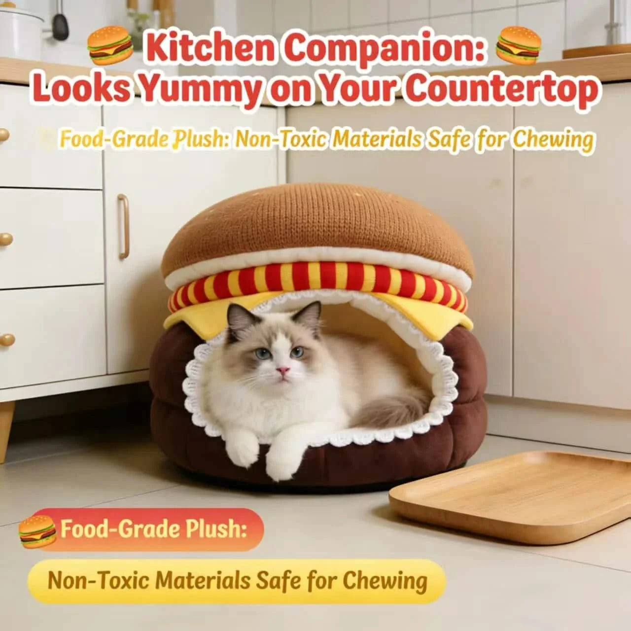 Countertop Cat Bed, Burger Design Cave, Food-Safe Plush, Non-Toxic Material