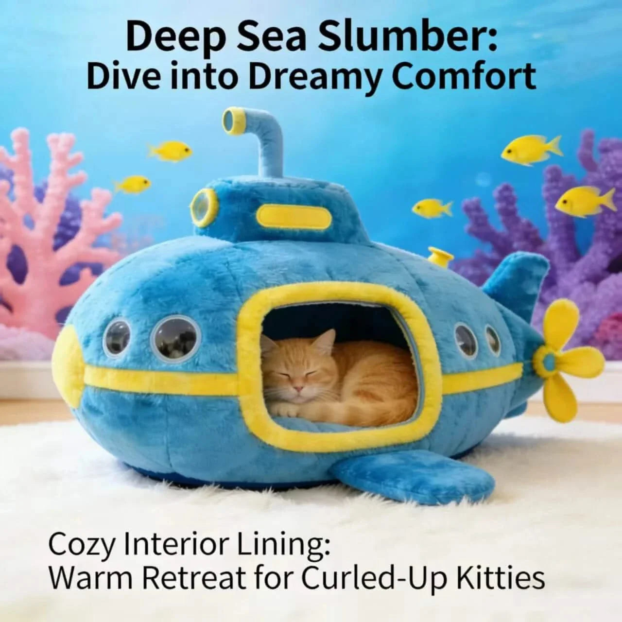 Dreamy Cat Bed, Submarine Shape, Warm Lining, Blue & Yellow, Underwater Themed