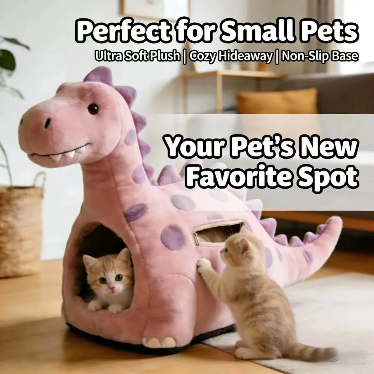 Cozy Cat Bed, Dinosaur Hideaway Design, Plush Fabric, Non-Slip Base, Pink/Purple