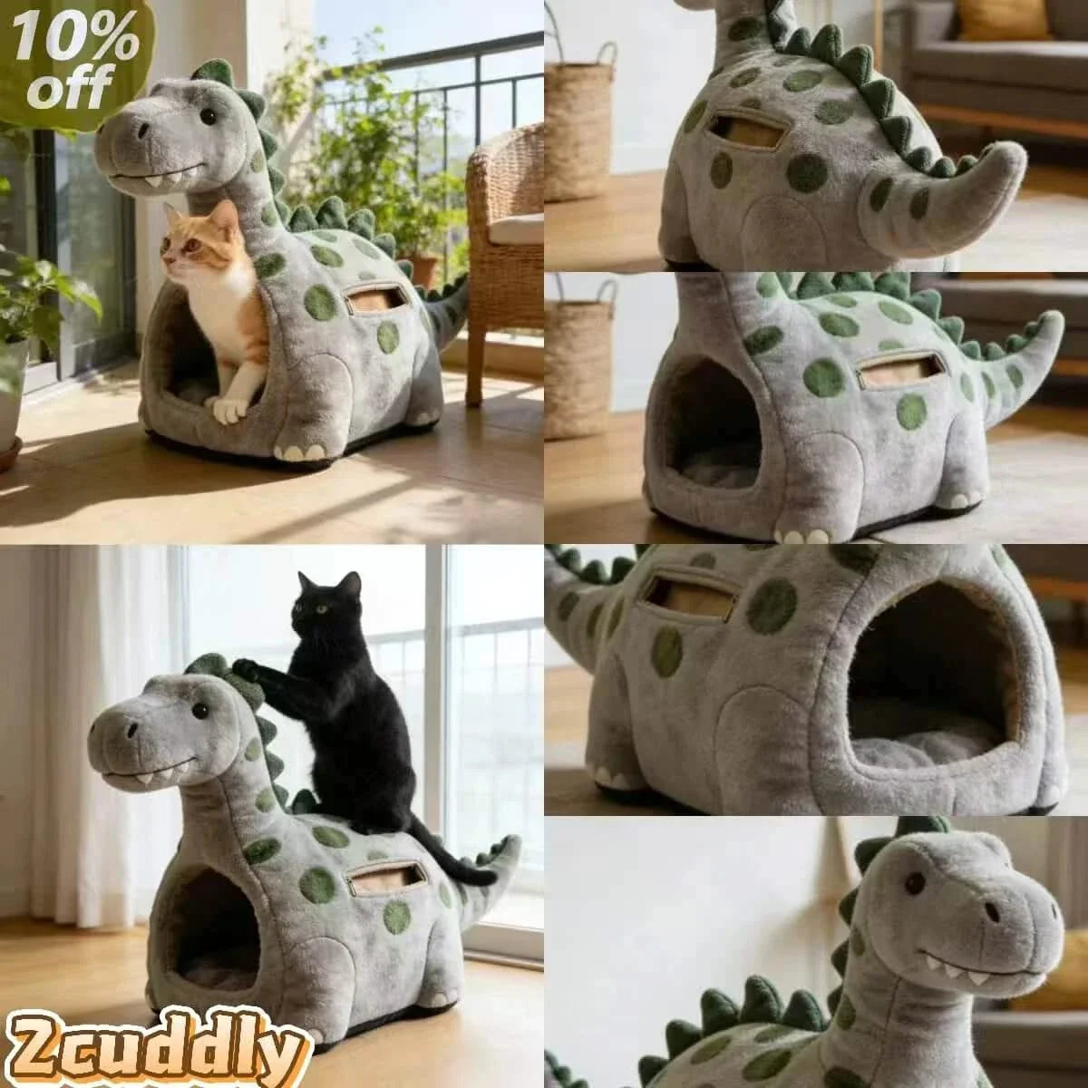 Stylish Cat Bed, Dinosaur Design, Luxe Softness, Gray Polka Dot, Jurassic Comfort Zone