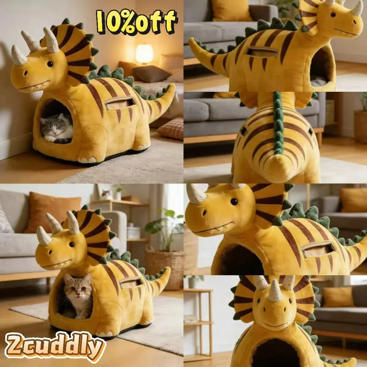 Dino-Themed Cat Bed, Triceratops Design, Plush Material, Yellow, Roaring Comfort, All-Season