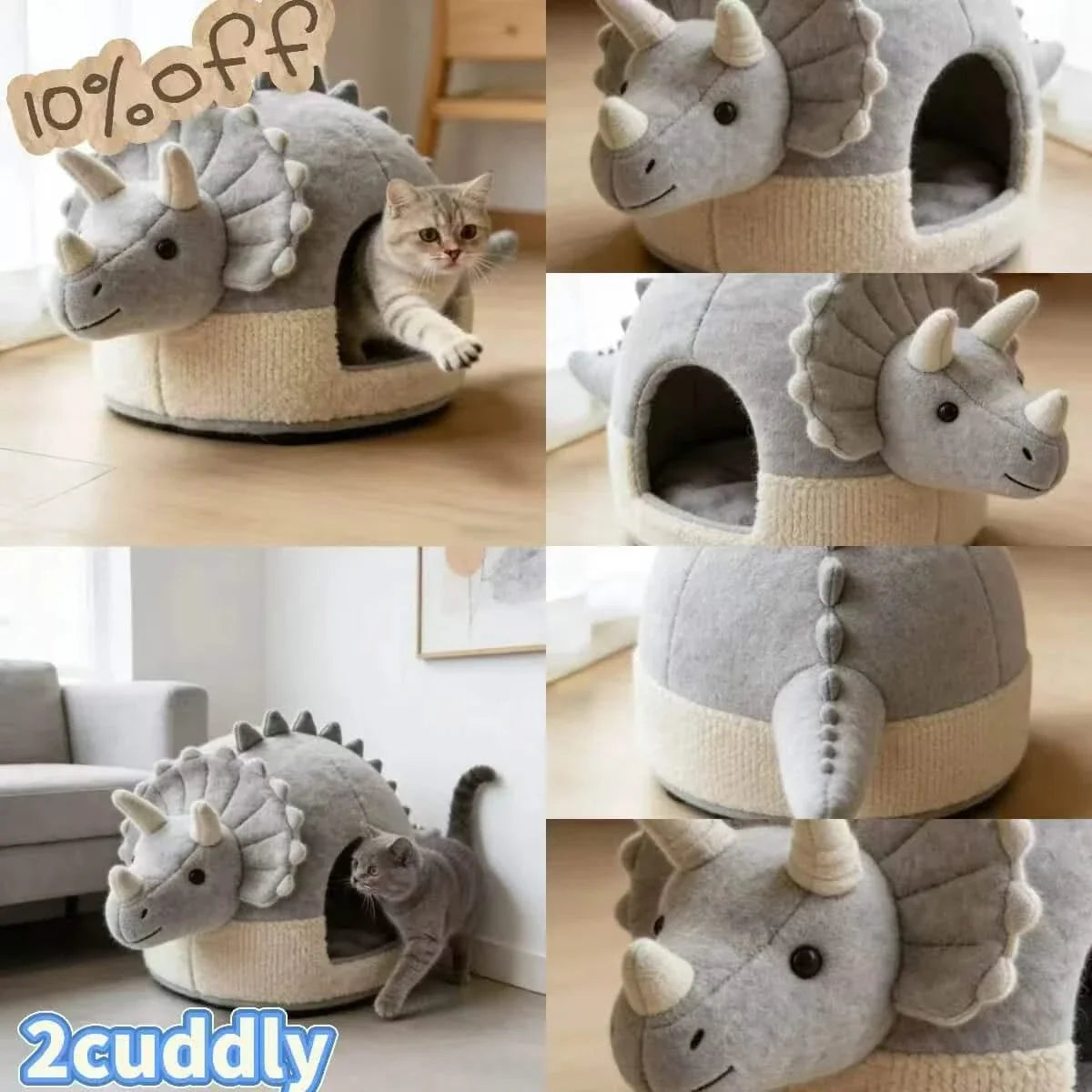  Deluxe Cat Bed, Dinosaur Cave Design, Non-Slip Base, Plush Fabric, Gray & White