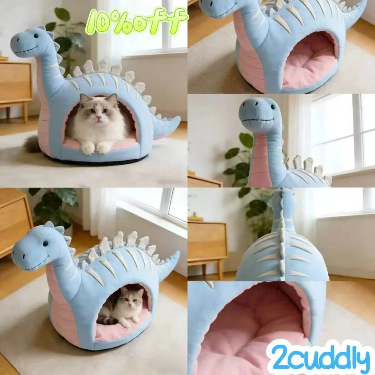 Cat Bed, Dino Shape, Plush Material, Light Blue, Versatile Surface Fit, Cozy Comfort