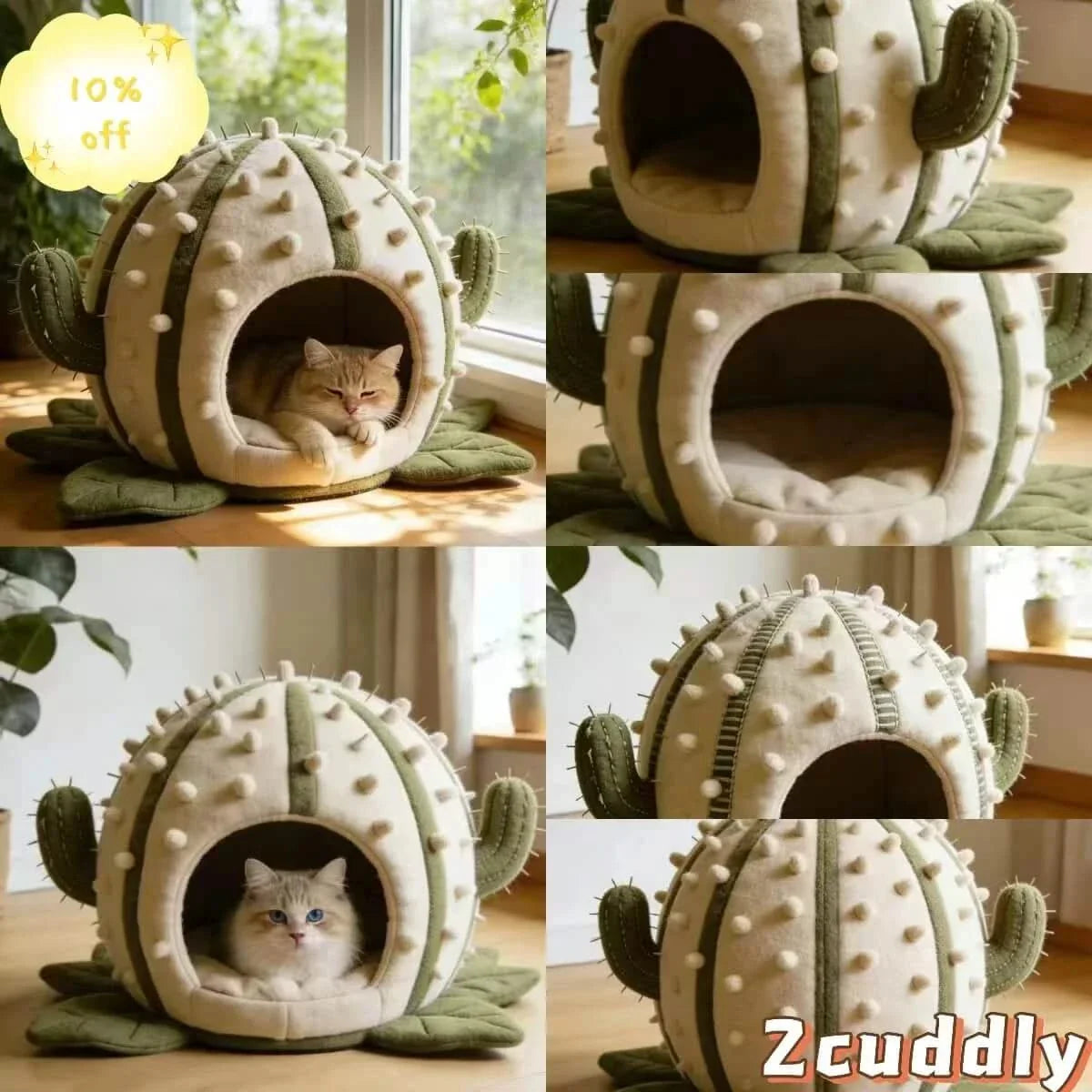 Desert Cat Bed, Cactus Cave Design, Cozy Interior, Beige, Plant-Filled Space Nest