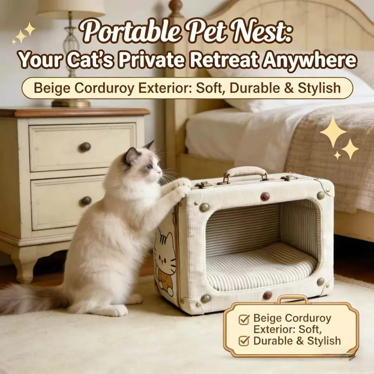 Portable Pet Bed for Cats, Suitcase Shape, Beige Canvas, Durable/Stylish, Anywhere Retreat, All-Season