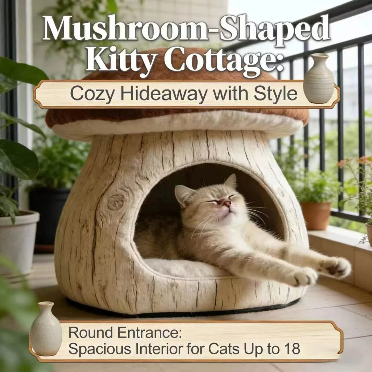 Cave-Style Cat Bed, Mushroom Design, Sturdy Frame, Warm Plush Lining, Indoor Use