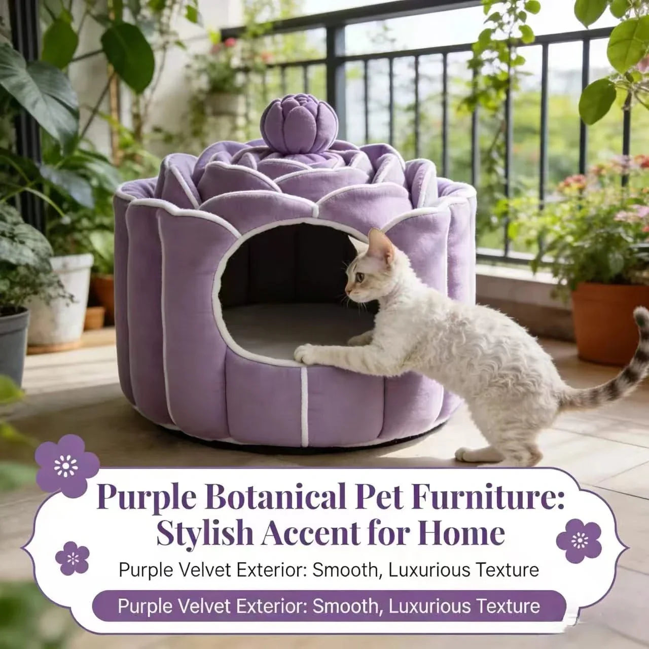 Privacy Pet Bed for Cats, Lotus Flower Shape, Washable Lining, Lavender