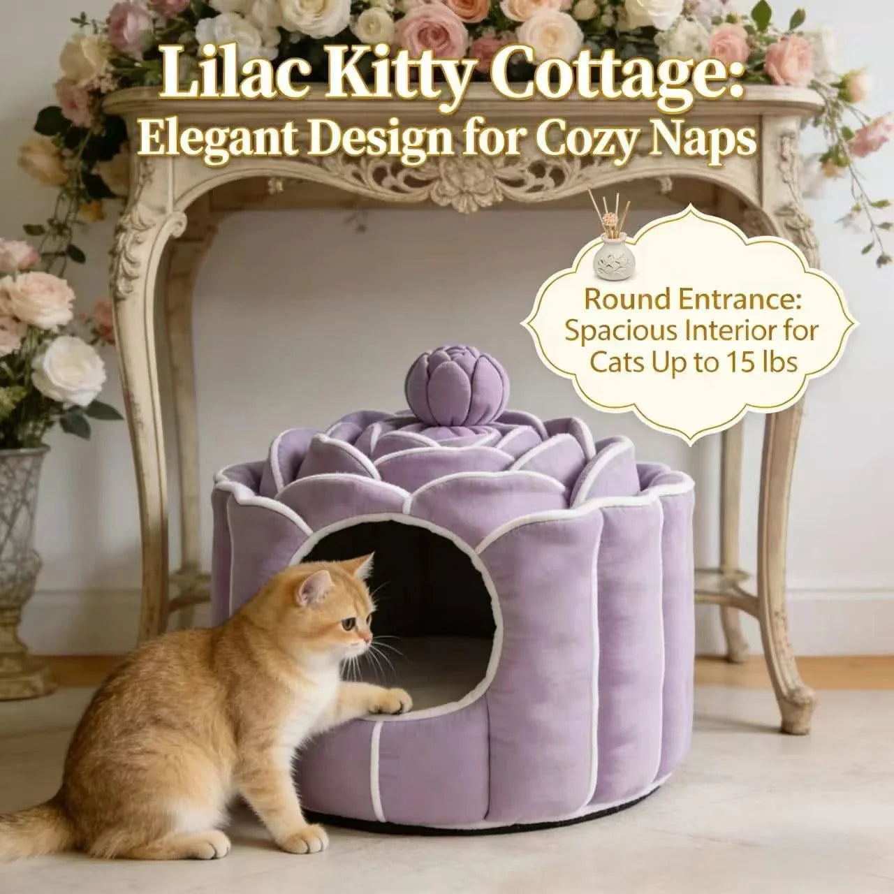 Privacy Pet Bed for Cats, Lotus Flower Shape, Washable Lining, Lavender