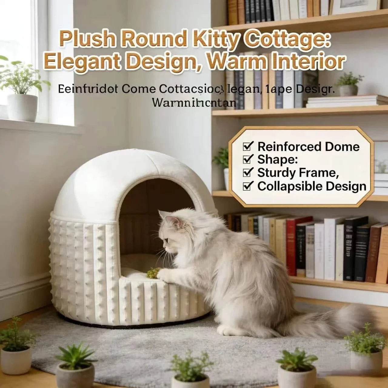 Elegant Cat Bed, Dome House Design, Smooth Velvet Texture, Faux Fur Exterior, Ivory