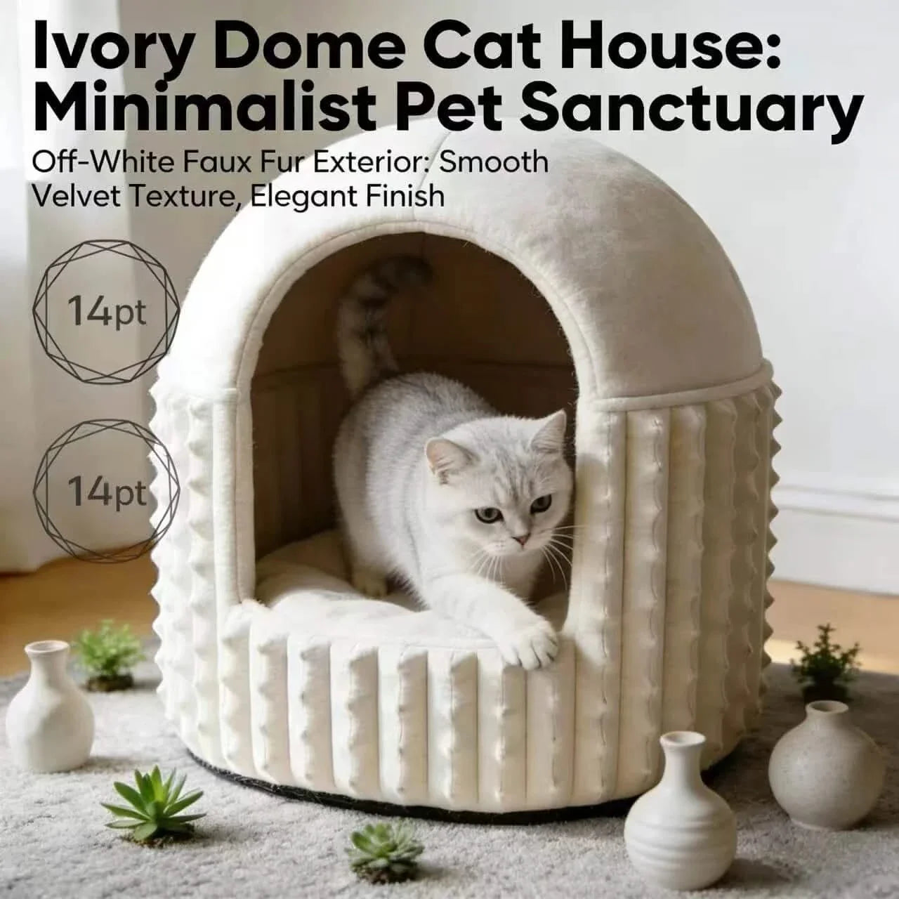 Elegant Cat Bed, Dome House Design, Smooth Velvet Texture, Faux Fur Exterior, Ivory