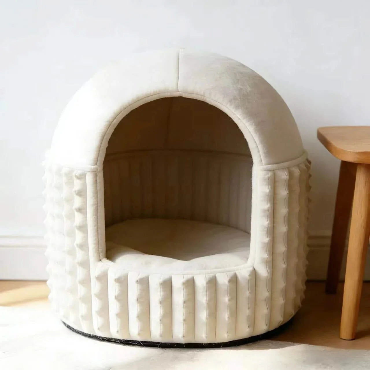 Elegant Cat Bed, Dome House Design, Smooth Velvet Texture, Faux Fur Exterior, Ivory