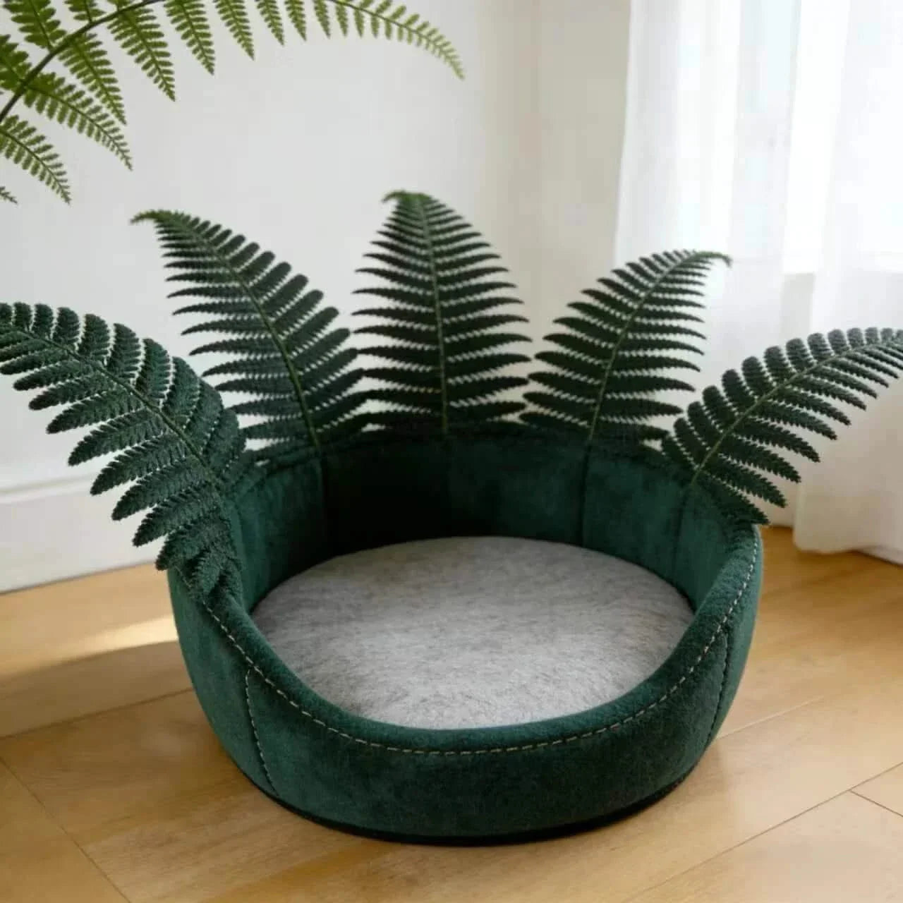 Cat Bed, Potted Fern Shape, Plush Material, Green/White, Botanical Cave Bowl, All-Season