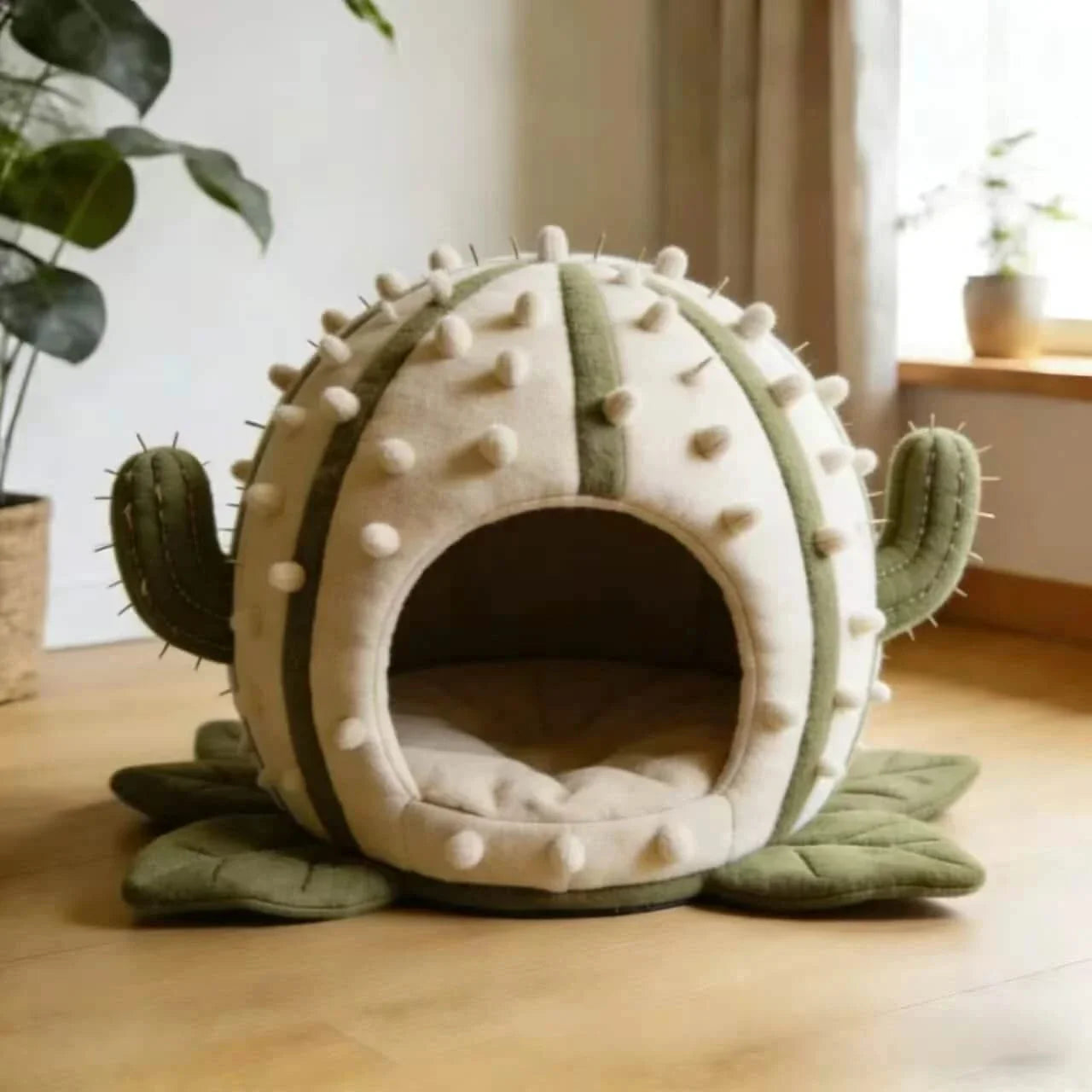 Desert Cat Bed, Cactus Cave Design, Cozy Interior, Beige, Plant-Filled Space Nest