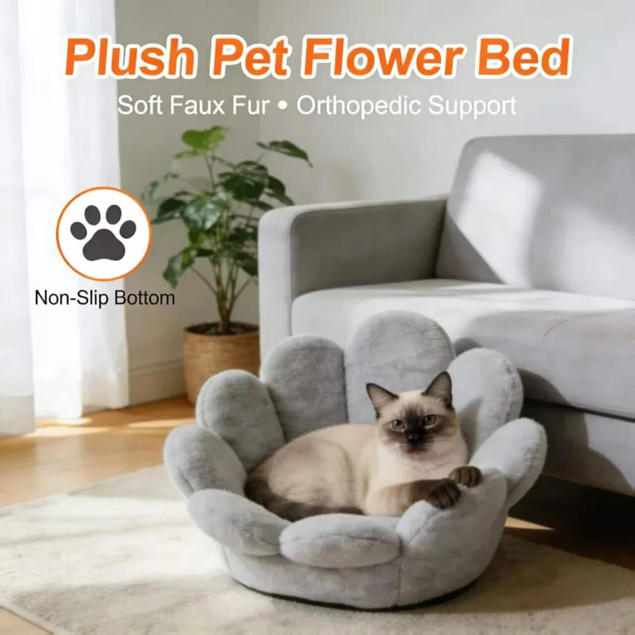 Stylish Pet Sofa, Flower Shaped, Non-Slip Base, Soft Padding, Gray